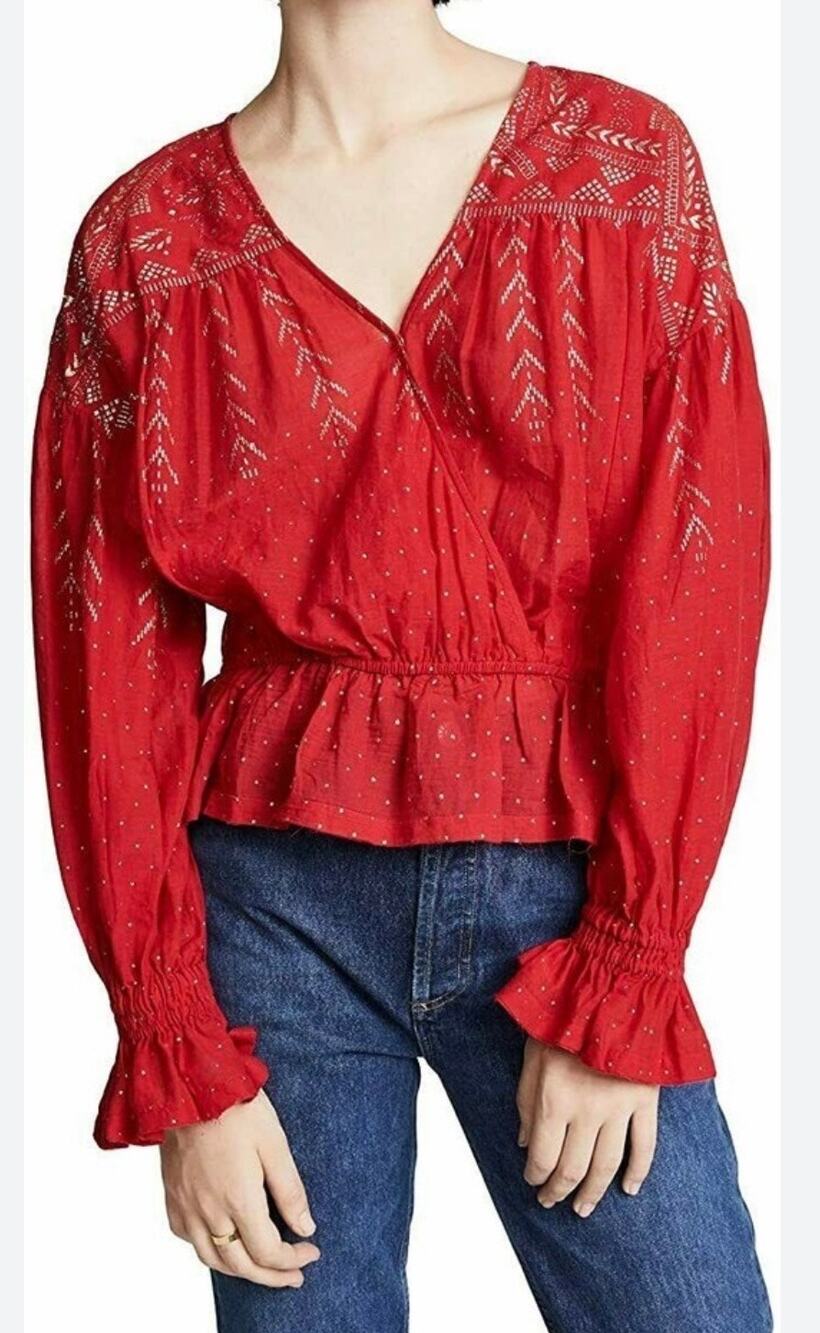Free People Women's Shirt Counting Stars Peasant Top Sz Med Red $148